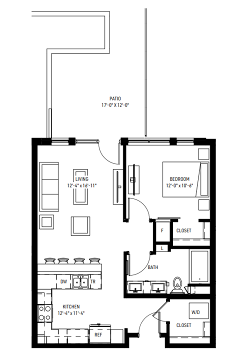 Floor plan for 1 bed, 1 bath, 750 sqft